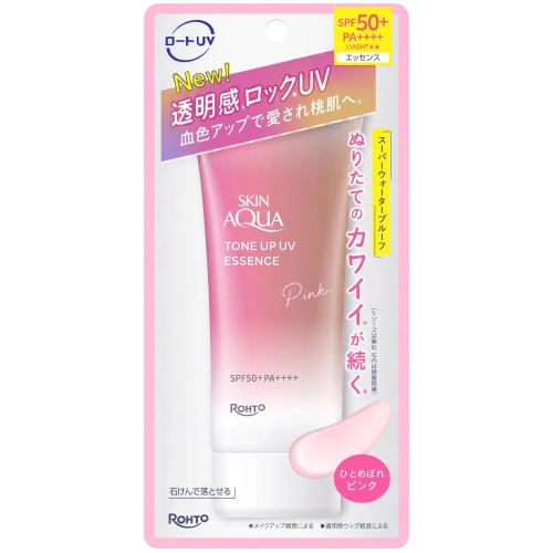 Бет пен денеге арналған күннен қорғайтын эссенция Skin Aqua Tone Up UV Essence Pink SPF50+ PA++++, Rohto, 70 г
