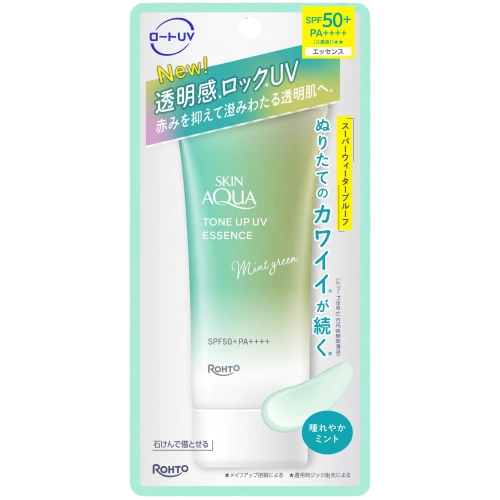 Реңкті түзететін күннен қорғайтын эссенция "Skin Aqua Tone Up UV Essence" Mint Green SPF50+ PA++++ Rohto, 70 г