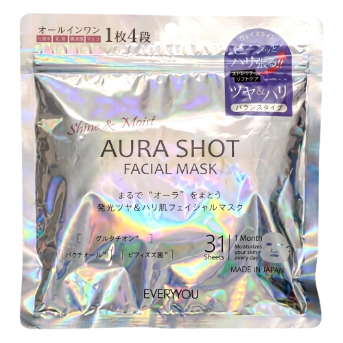 Глутатион қосылған бетке арналған мата маскасы "EVERYYOU Aura Shot Facial Mask Firm & Glow", Doshisha, 31 дана
