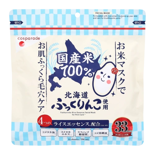 Жапон күріші қосылған Fukkurinko Rice Essence Facial Mask бетке арналған мата маскасы, Cosparade, 33 маска (396 мл)
