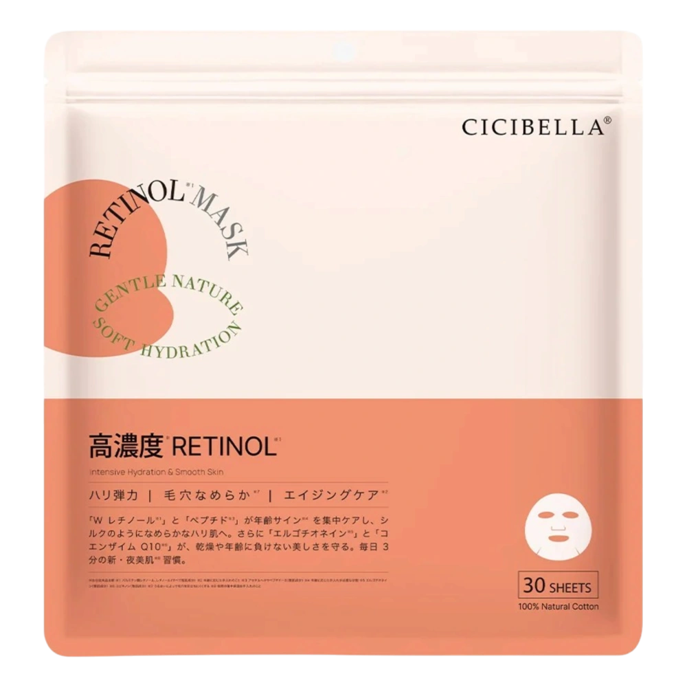 Антивозрастные тканевые маски с двумя формами ретинола и пептидом «RT Sheet Mask» CICIBELLA, 30 шт.