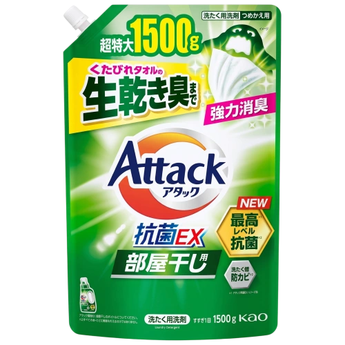 Үйде кептіруге арналған кір жуу гелі «Attack Antibacterial EX Indoor» Kao, 1,5 кг (қосалқы блок)