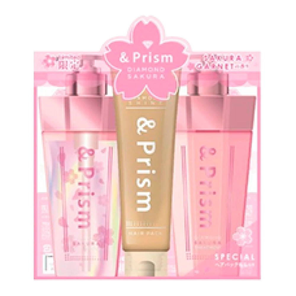 Набор для увлажнения и сияния волос (шампунь + маска + тритмент) «&Prism Diamond Sakura», 415 мл. + 130 мл. + 415 мл. 
