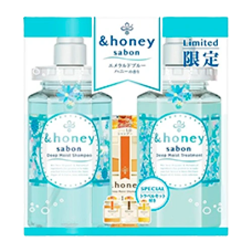 Жинақ (шампунь + тритмент + сынама үлгілер) «&Honey – Deep Moist Sabon Emerald Blue Honey», 440 мл + 445 мл + 10 мл + 10 мл + 3 мл.