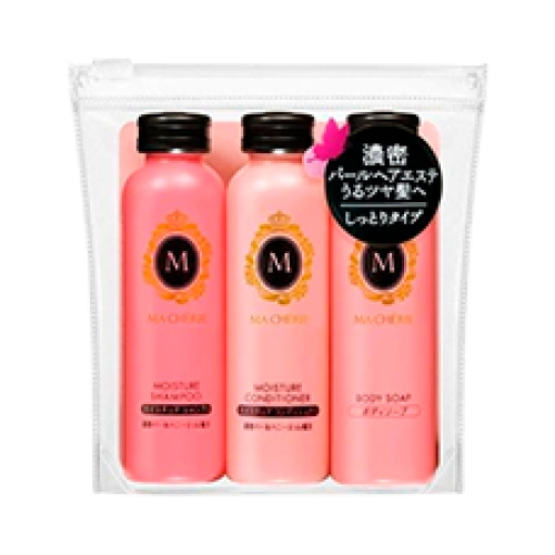 «Ma Cherie Travel Set EX» жинағы (шампунь + кондиционер + душқа арналған гель), 50 мл + 50 мл + 50 мл.