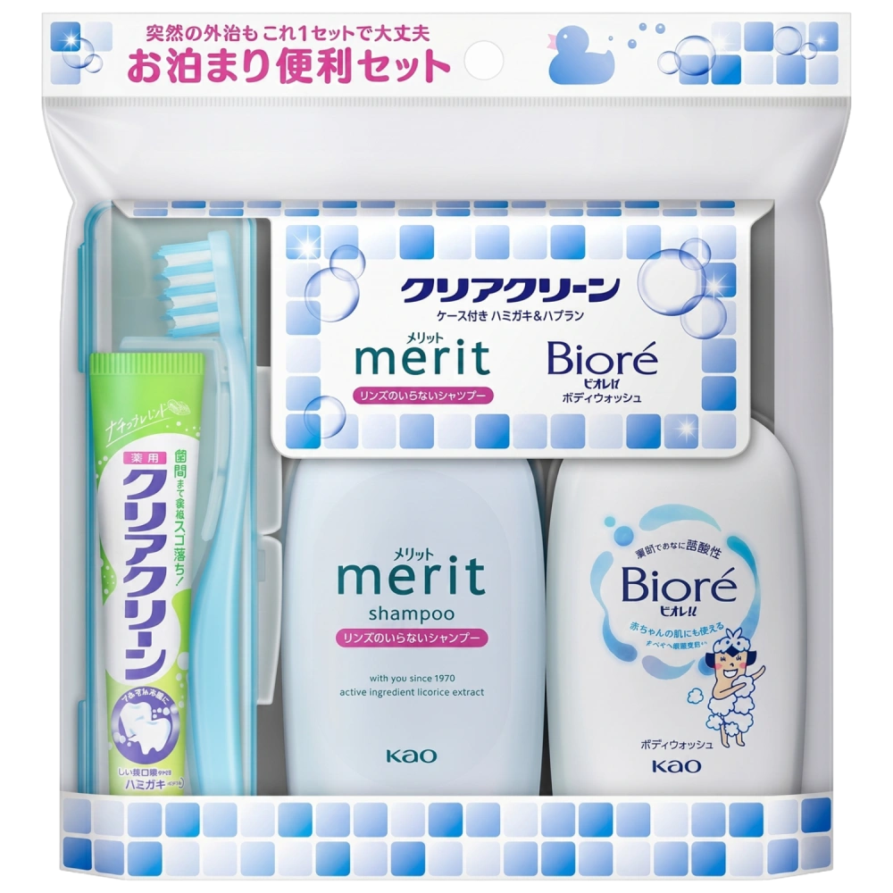 Дорожный набор "Biore U - Merit Clear Clean Overnight Set" (шампунь+гель для душа+зубная паста+зубная щетка) 