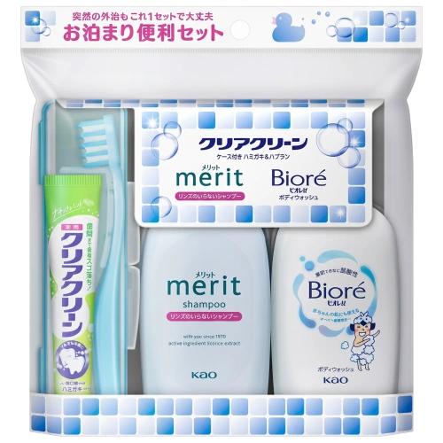 Сапарға арналған жинақ "Biore U - Merit Clear Clean Overnight Set" (шампунь + душқа арналған гель + тіс пастасы + тіс щёткасы)
