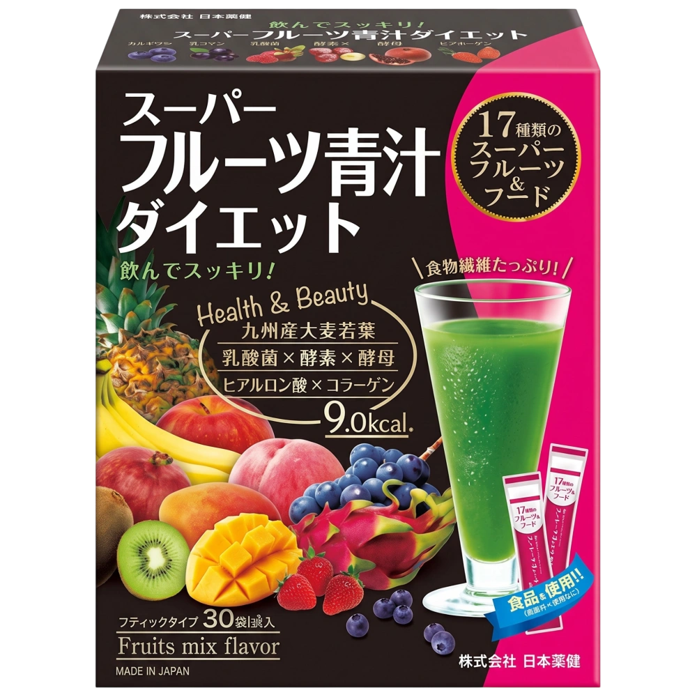 Аодзиру с 17 суперфруктами и суперфудами «Super Fruits Aojiru Diet», фруктовый микс, Nihon Yakken, 30 саше × 3 г