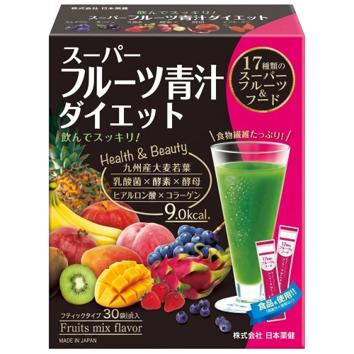 17 суперфрукт пен суперфуд қосылған «Super Fruits Aojiru Diet» аодзируы, жеміс миксі, Nihon Yakken, 30 саше × 3 г