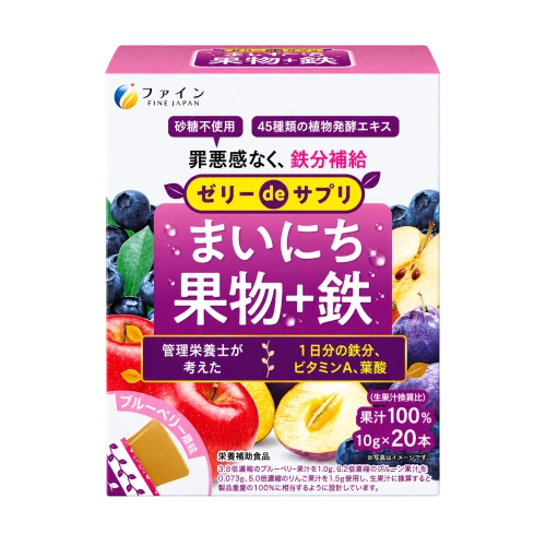 Темір, А дәрумені және фолий қышқылы бар желе «Mainichi Kudamono + Tetsu» FINE JAPAN, 10 г × 20 дана