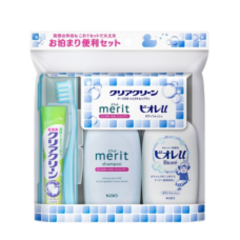 Дорожный набор "Biore U - Merit Clear Clean Overnight Set" (шампунь+гель для душа+зубная паста+зубная щетка) 